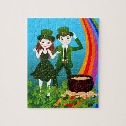 Kinderen vieren St. Patrick's Day met de groene Legpuzzel (Verticaal)