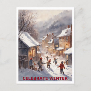 Kinderen vieren wintersneeuw briefkaart
