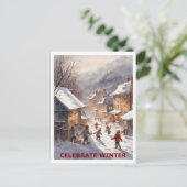 Kinderen vieren wintersneeuw briefkaart (Staand voorkant)