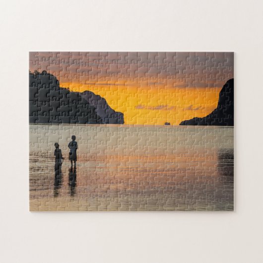 Kinderen vissen bij zonsondergang legpuzzel (Horizontaal)