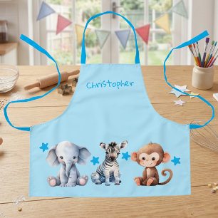 Kinderen voeg naam toe leuke dieren sterren blauw schort
