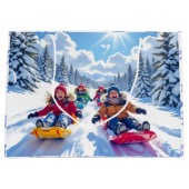Kinderen vrolijk sleeën winter plezier groot cadeauzakje (Voorkant)