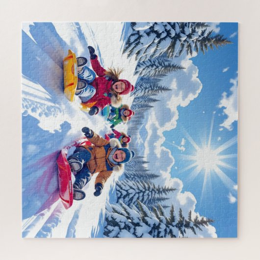Kinderen vrolijk sleeën winter plezier legpuzzel (Horizontaal)