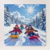 Kinderen vrolijk sleeën winter plezier legpuzzel (Verticaal)