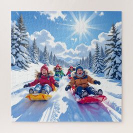 Kinderen vrolijk sleeën winter plezier legpuzzel