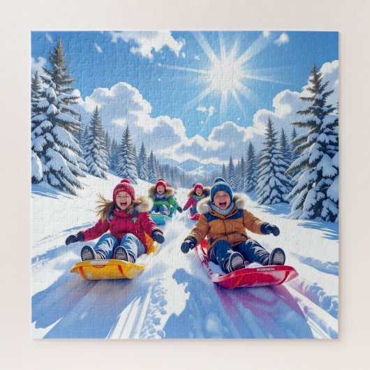 Kinderen vrolijk sleeën winter plezier legpuzzel (Verticaal)
