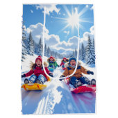 Kinderen vrolijk sleeën winter plezier medium cadeauzakje (Achterkant)