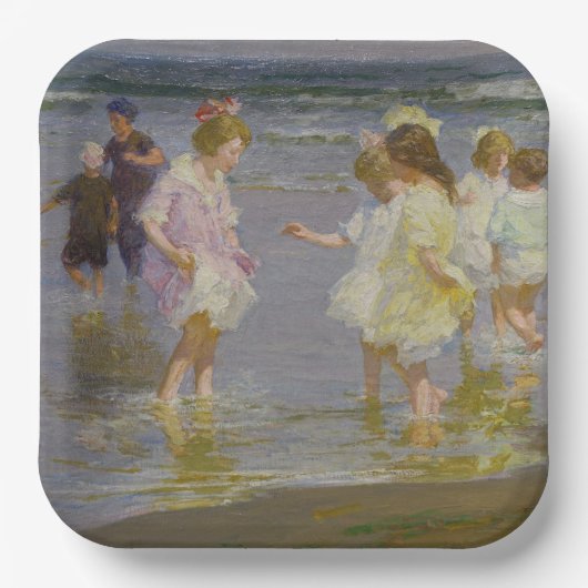 Kinderen Waden op het strand (door E.H. Potthast) Papieren Bordje (Voorkant)