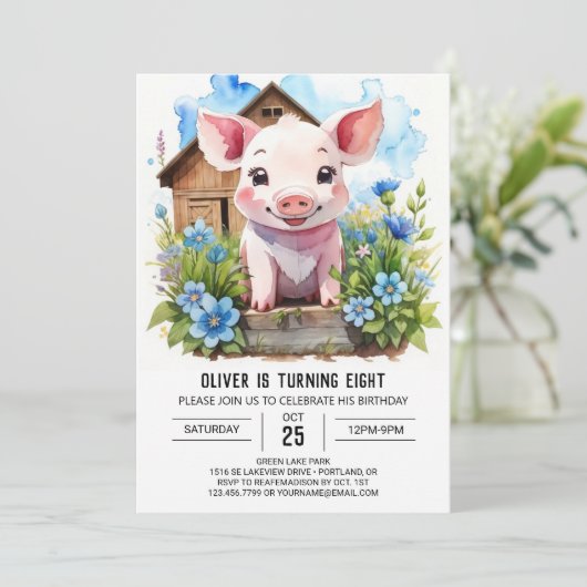 Kinderen Waterverf Barnyard Pig Verjaardag Kaart (Staand voorkant)