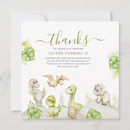 Kinderen Waterverf Dinosaurus Verjaardagsfeestje Bedankkaart (Voorkant)