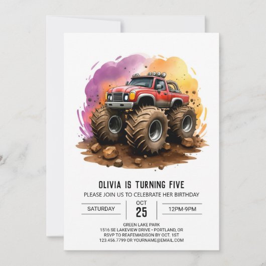 Kinderen Waterverf Monster Truck Verjaardag Kaart (Voorkant)