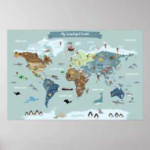 Kinderen Wereldkaart met Cute Illustraties Poster