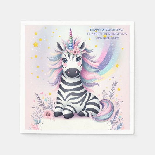 Kinderen Zebra Eenhoorn Regenboog Verjaardagsfeest Servet (Voorkant)