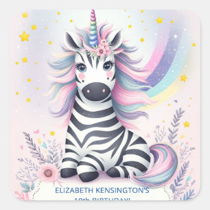 Kinderen Zebra Eenhoorn Regenboog Verjaardagsfeest Vierkante Sticker