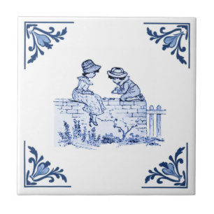 Kinderen Zitten Op Hek Delft Hoek Blauw En Wit Tegeltje