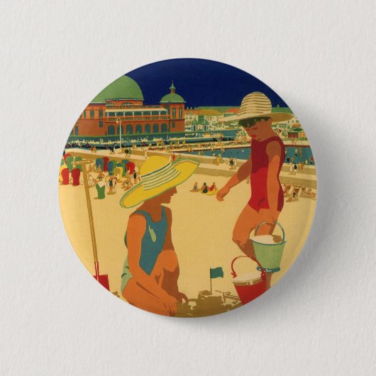 kinderen, zusters familievakantie bij strand ronde button 5,7 cm (Voorkant)