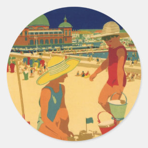 kinderen, zusters familievakantie bij strand ronde sticker