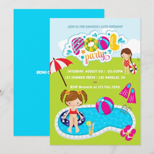 Kinderen zwembadfeest kaart (Voorkant / Achterkant)