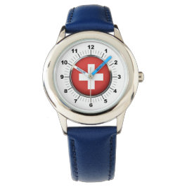 Kinderen Zwitserland Flag Blue Leather Strap Watch Horloge