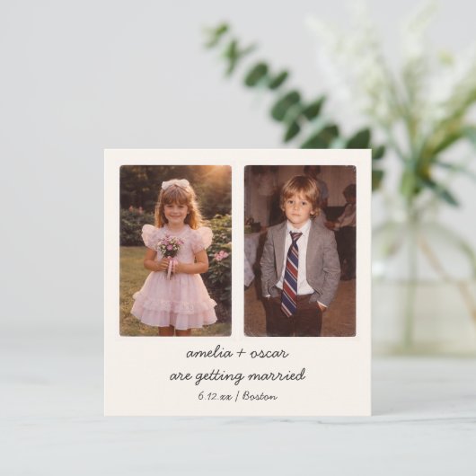 Kinderfoto QR-code Save the Date Vintage Kaart (Staand voorkant)