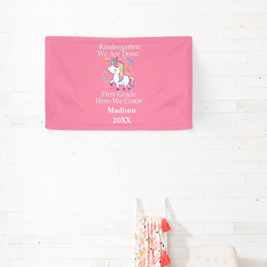 Kindergarten Afstuderen Pink Girly Unicorn Spandoek (Insitu)