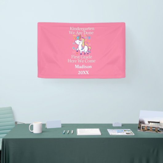 Kindergarten Afstuderen Pink Girly Unicorn Spandoek (Beurs)