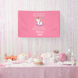 Kindergarten Afstuderen Pink Girly Unicorn Spandoek