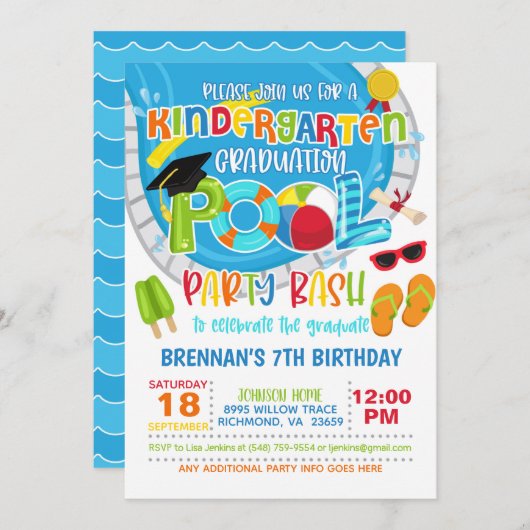 Kindergarten Afstuderen Pool Party - Boy W Kaart (Voorkant / Achterkant)