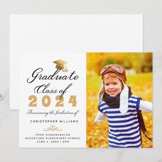 Kindergarten Black Gold Script Photo Afstuderen Aankondiging (Voorkant / Achterkant)