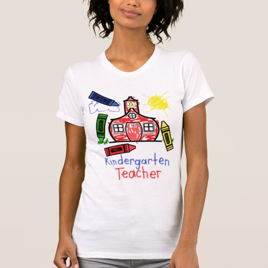 Kindergarten Leraar T Shirt - Schoolhouse & Crayon (Voorkant)