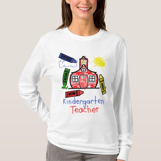 Kindergarten Leraar T Shirt - Schoolhouse & Crayon (Voorkant)