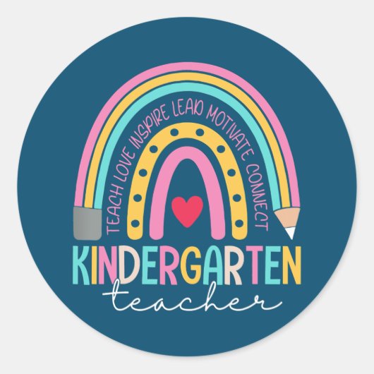Kindergarten Leraar Teach Love Inspire Rainbow Ronde Sticker (Voorkant)