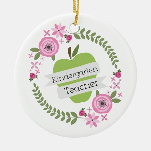 Kindergarten Teacher Green Apple Floral Wreath Keramisch Ornament (Voorkant)