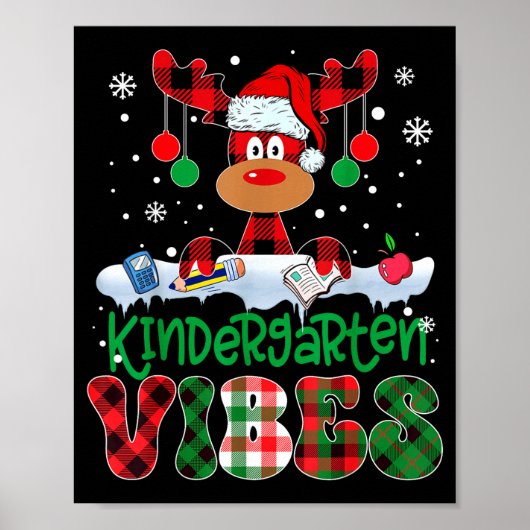 Kindergarten Vibes Teacher Buffalo Plaid Reindeer  Poster (Voorkant)