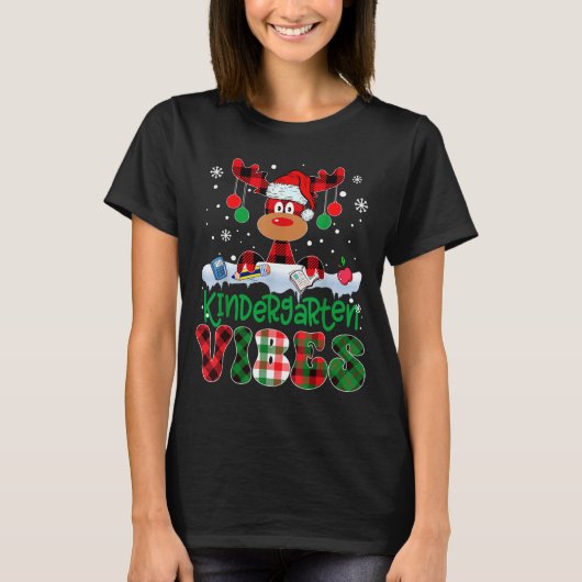 Kindergarten Vibes Teacher Buffalo Plaid Reindeer T-shirt (Voorkant)