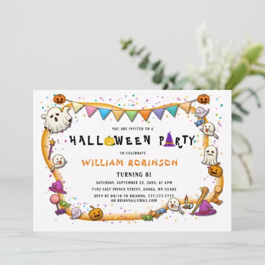 KinderHalloween Uitnodiging voor verjaardagsfeestj (Staand voorkant)