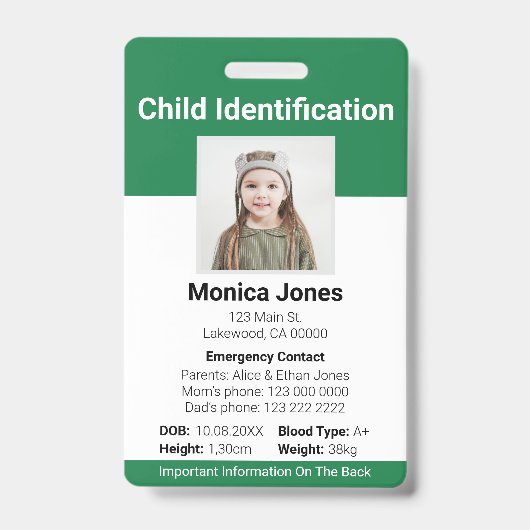 Kinderidentificatie foto groen badge (Voorzijde)