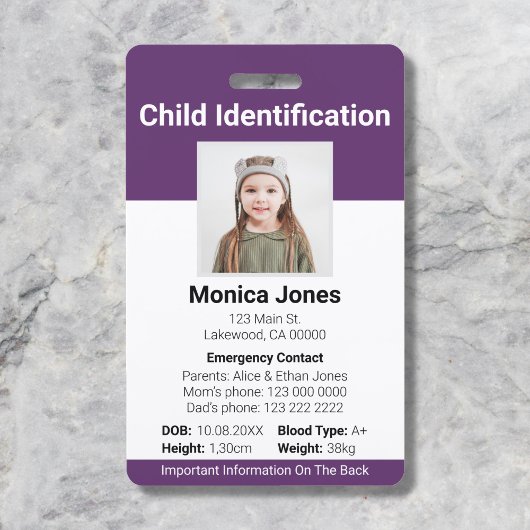 Kinderidentificatie Foto Paars Badge