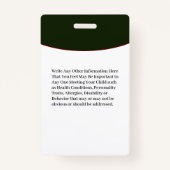 Kinderjongen meisjes ID-identificatiekaart Badge (Achterkant)