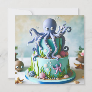 Kinderkaart met Blauwe Octopus op Verjaardagstaart Kaart