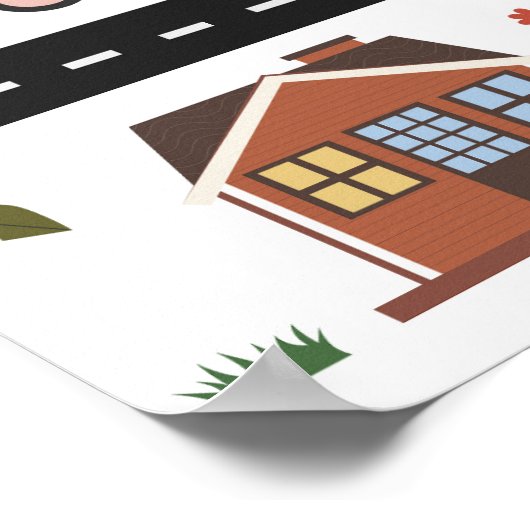 Kinderkaartspel met weg, auto's en huizen poster (Hoek)