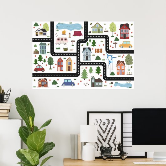 Kinderkaartspel met weg, auto's en huizen poster (Thuiskantoor)