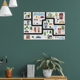 Kinderkaartspel met weg, auto's en huizen poster