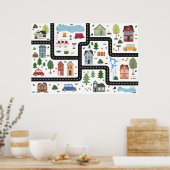 Kinderkaartspel met weg, auto's en huizen poster (Keuken)