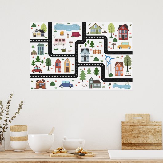 Kinderkaartspel met weg, auto's en huizen poster (Keuken)