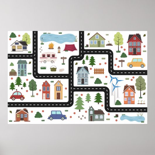 Kinderkaartspel met weg, auto's en huizen poster (Voorkant)