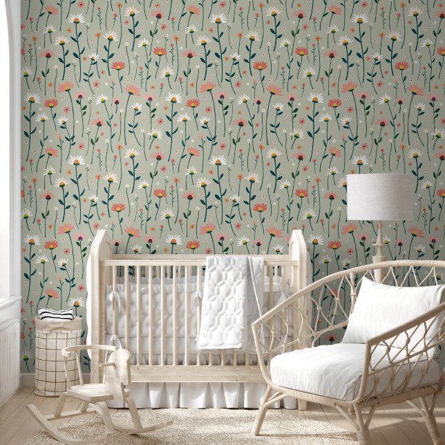 Kinderkamer Decor Boho Daisy Wildflower Sage Groen Behang (Kinderen)