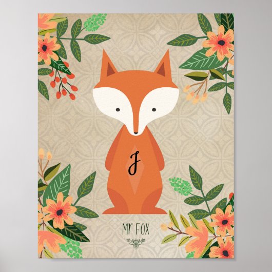 kinderkamer kind poster monogram vos bloemen (Voorkant)