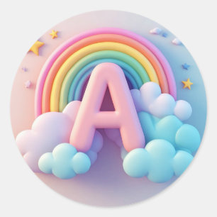 🧸 Kinderkamer Letter A Regenboog Wolken Pastel 3D Ronde Sticker