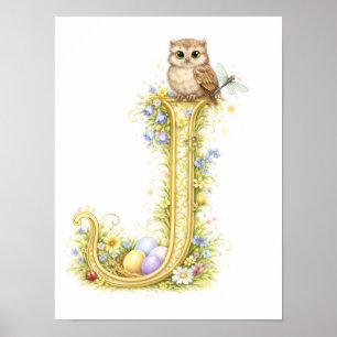Kinderkamer Letter J Baby Uil Initiaal Goud Bloemm Poster